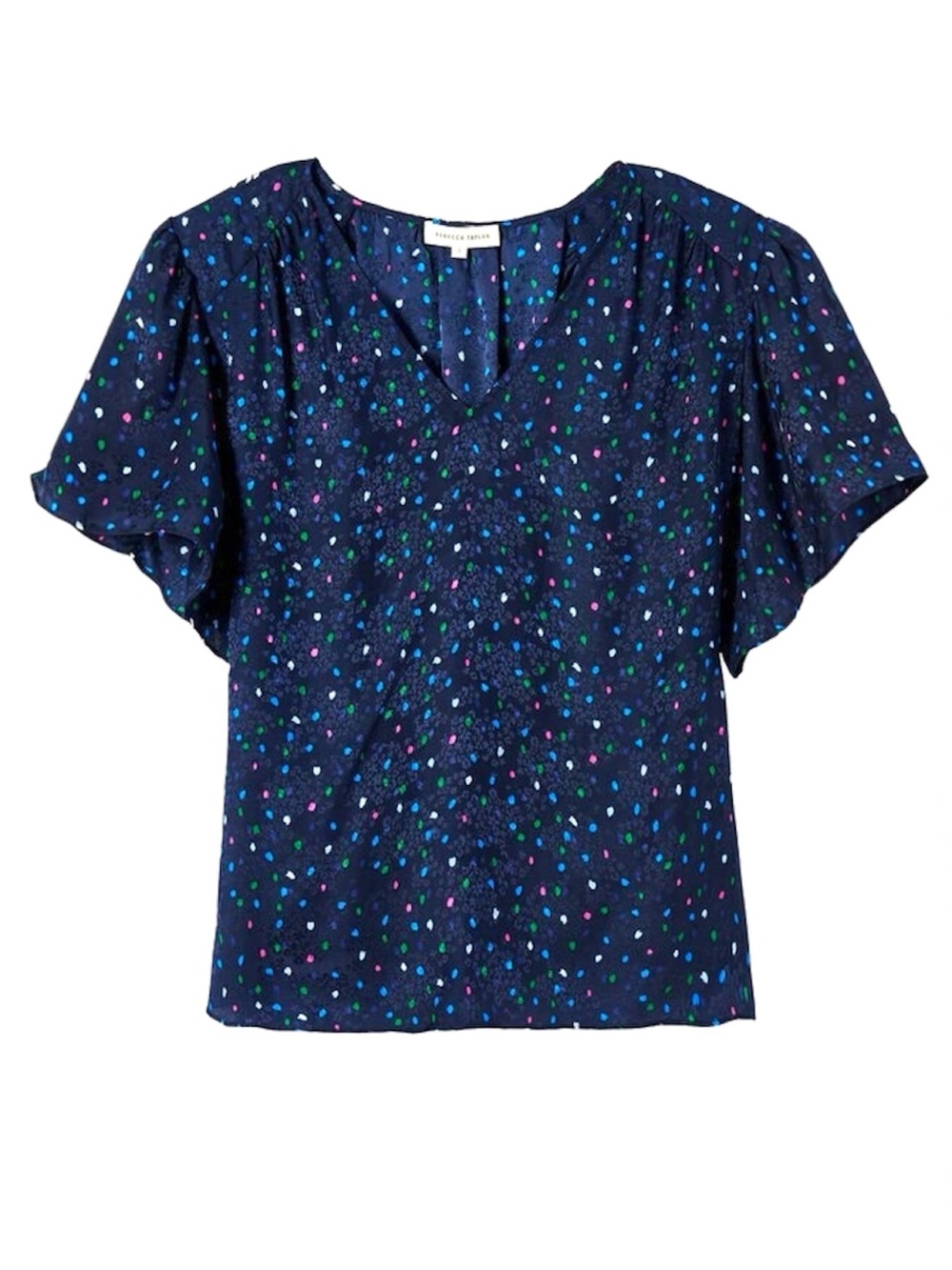 Rebecca Taylor 100% silk navy blue flutter sleeve polka dot blouse